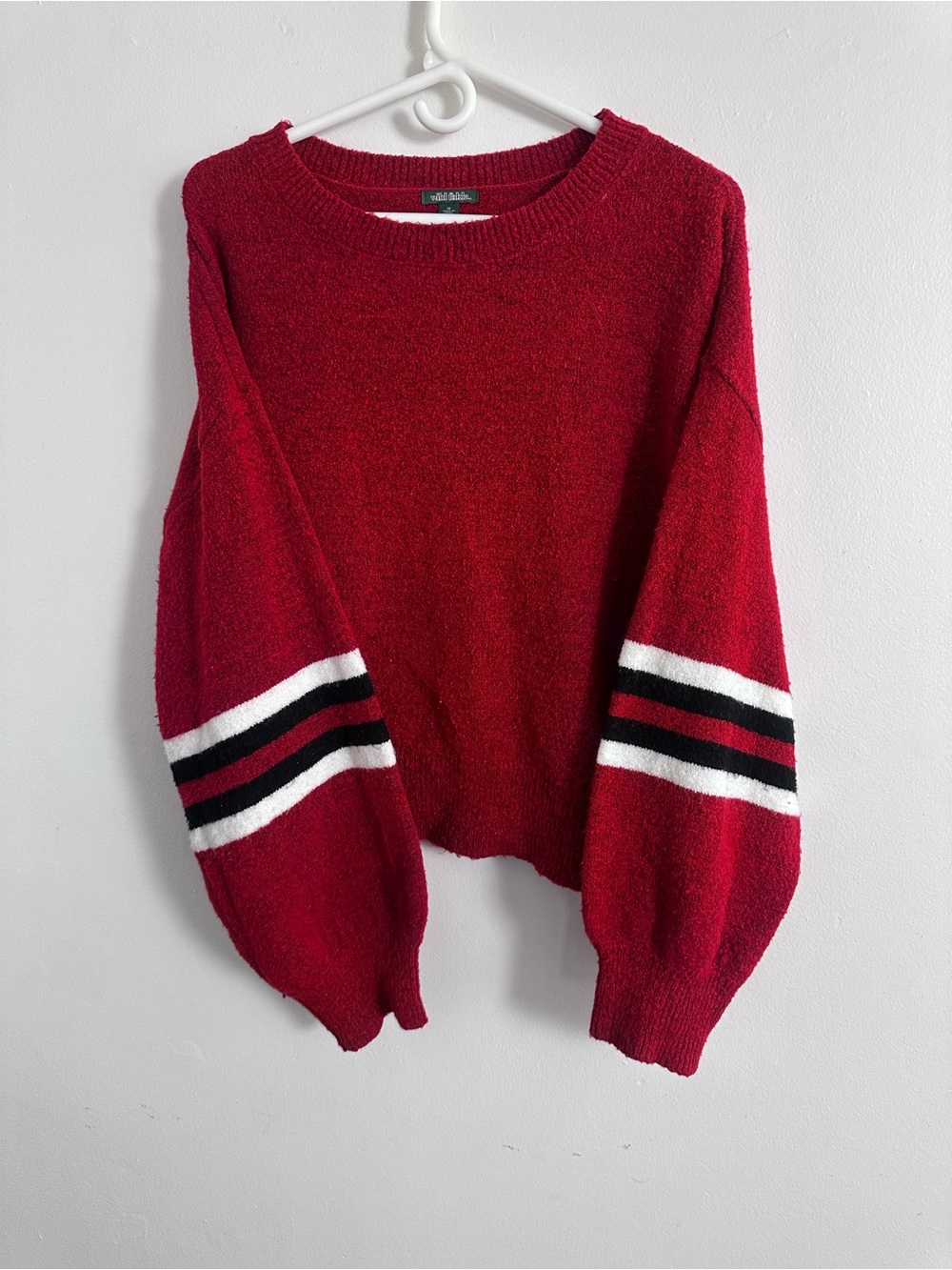 wild fable Red Crewneck Sweater with Black & White Sleeve Stripes